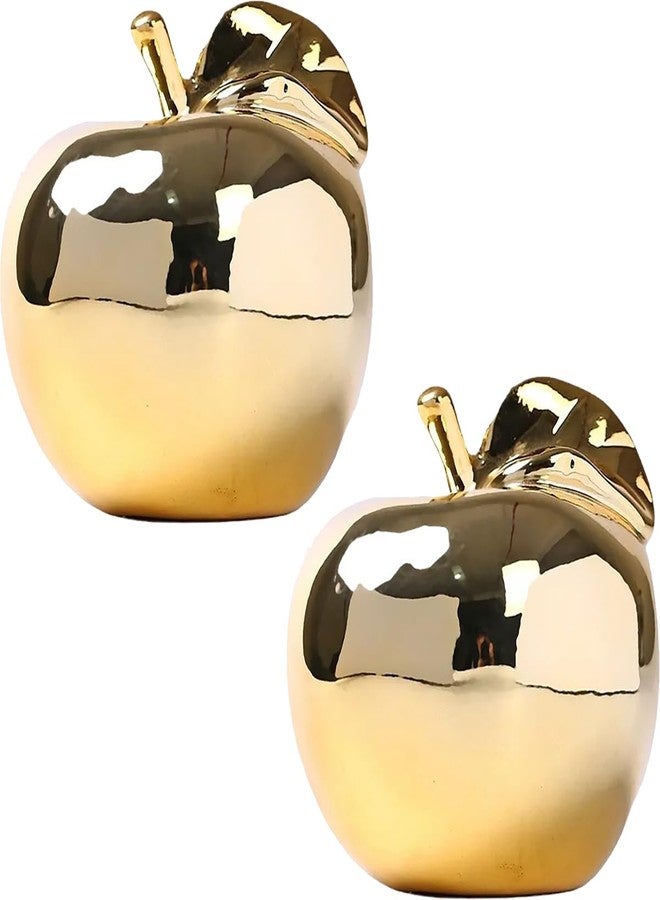 Hoobar Ceramic Fruit Shape Statues,Handcrafted Plating Apple Pear Sculpture for Wedding,Porch,Desktop and Home Decoration Furnishing Article Pack of 2 (Gold Apple 2) - Image 1